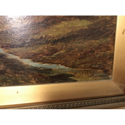 137 - FRAMED OIL ON BOARD - SIGNED W. CRIPPS 1909 - 64CMS X 47CMS