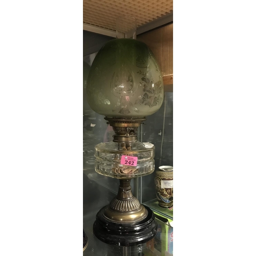 242 - LOVLEY EARLY OIL LAMP WITH GLASS SHADE - 54CMS H