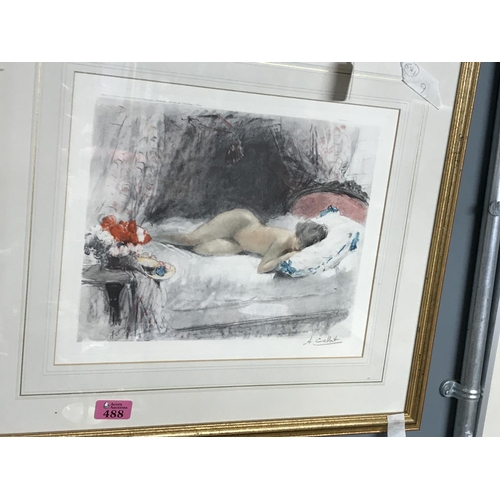 488 - FRAMED & GLAZED LITHOGRAPH BY A. CALBERT C.1900 OF A NUDE - 55CMS X 48CMS