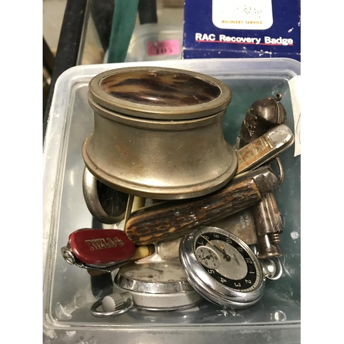 108 - SMALL BOX OF INTERESTING ITEMS INC CAR BADGES, PEN KNIVES ETC