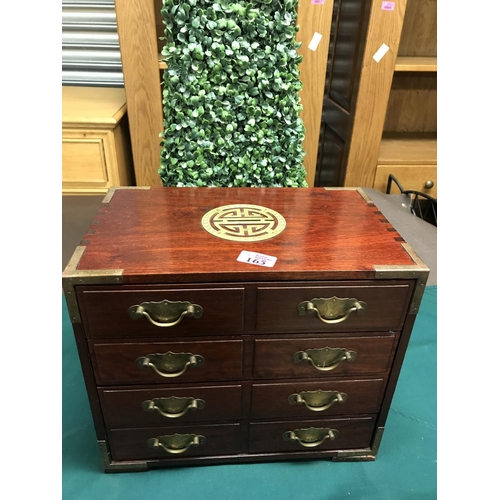 165 - WOODEN ORIENTAL STYLE JEWELLERY BOX WITH METAL FIXINGS - 36CMS X 28CMS X 22CMS