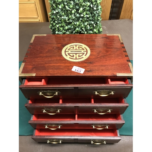 165 - WOODEN ORIENTAL STYLE JEWELLERY BOX WITH METAL FIXINGS - 36CMS X 28CMS X 22CMS