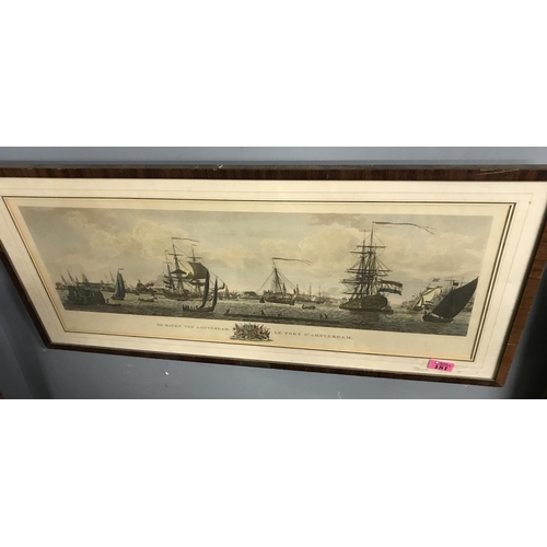 181 - FRAMED & GLAZED EARLY COLOURED LITHOGRAPH OF THE PORT IN AMSTERDAM