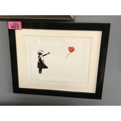 22 - FRAMED & GLAZED PICTURE OF BANKSEY GIRL WITH RED BALOON - 29CMS X 24CMS