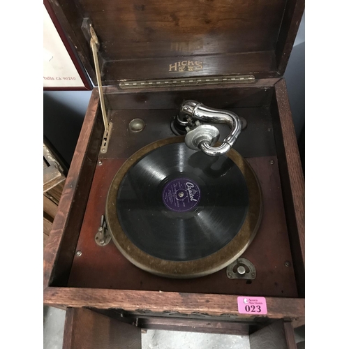 23 - EARLY HICKS GRAMOPHONE - WORKING ORDER WITH SPEAKER BUILT INTO CABINET - COLLECTION ONLY OR ARRANGE ... 