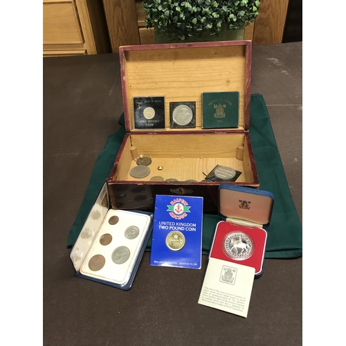 31 - WOODEN BOX OF COINS & VARIOUS  COMMEMORATIVE COINS INC CASED FESTIVAL OF BRITAIN