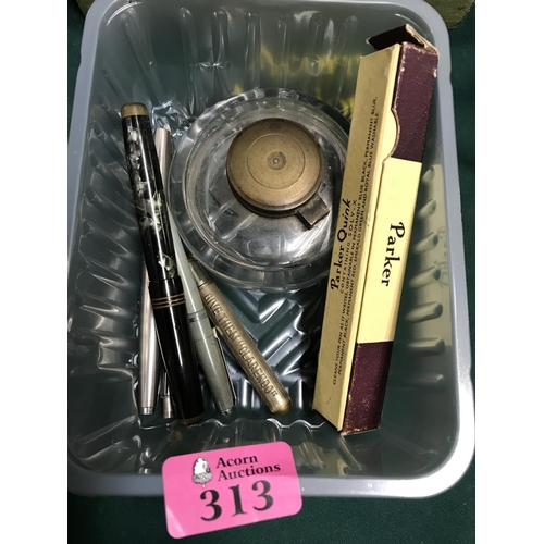 313 - QTY OF VINTAGE PENS AND INKWELL