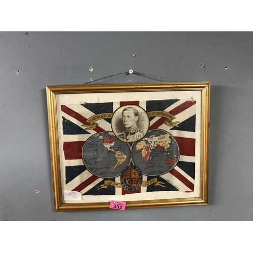 332 - FRAMED & GLAZED KING EDWARD V111 CORONATION FLAG - 36CMS X 30CMS