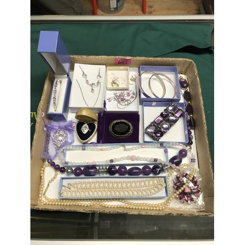 607 - BOX OF 925 SILVER & AMETHYST BANGLE, 925 KH SILVER NECKLACE & RING ETC