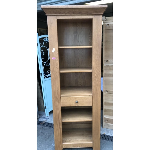 7 - LOVELY OAK SHELF UNIT WITH SINGLE DRAWER TO CENTRE - 190CMS H X 64CMS W X 40CMS D - COLLECTION ONLY ... 