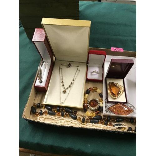 702 - BOX OF ELEGANT 925 SILVER NECKLACE, BROOCH, 925 SILVER BANGLE & RING ETC