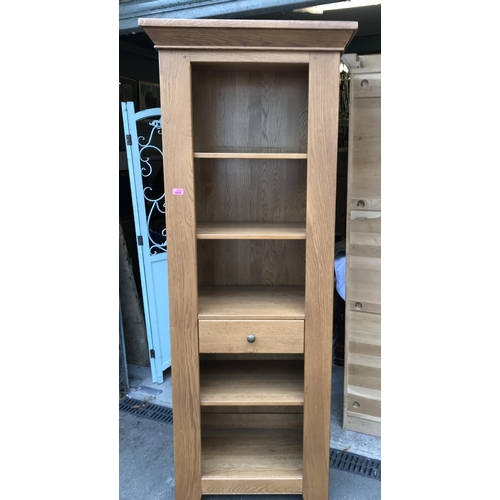 8 - LOVELY OAK SHELF UNIT WITH SINGLE DRAWER TO CENTRE - 190CMS H X 64CMS W X 40CMS D - COLLECTION ONLY ... 