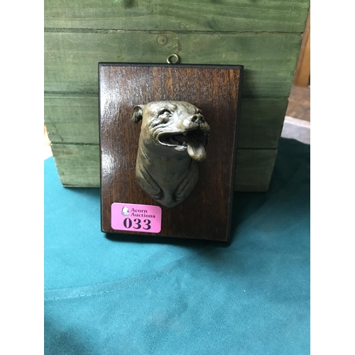 33 - LOVELY SMALL MOUNTED DOGS HEAD ON A WOODEN PLAQUE