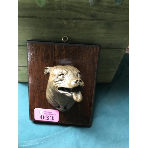 33 - LOVELY SMALL MOUNTED DOGS HEAD ON A WOODEN PLAQUE