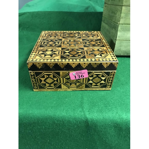 136 - ORNATE WOODEN BOX WITH MILITARY ITEMS - MAINLY BUTTONS