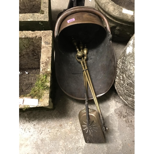 19 - COPPER COAL SCUTTLE WITH 3 FIRE TOOLS - COLLECTION ONLY OR ARRANGE OWN COURIER