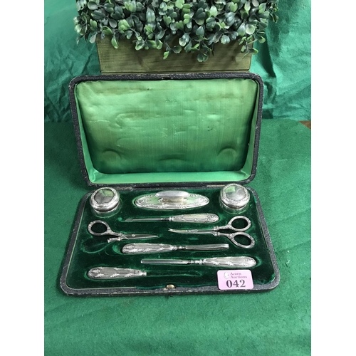 42 - EARLY CASED SILVER TRAVEL VANITY SET - SOME A/F