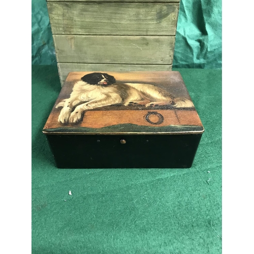 44 - WOODEN BOX - 18CMS W X 15CMS D WITH PICTURE OF A NEWFOUNDLAND DOG ON LID