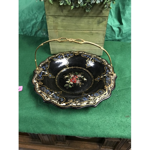 57 - VERY PRETTY VINTAGE PAPIER MACHE ? SWEET BASKET WITH MOP INLAY AND GILT METAL HANDLE