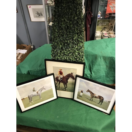 82 - 4 X FRAMED BLACK & WHTE PHOTOS OF EARLY RACE HORSES & OWNERS WITH 3 COLOURED HORSE LITHOGRAPHS