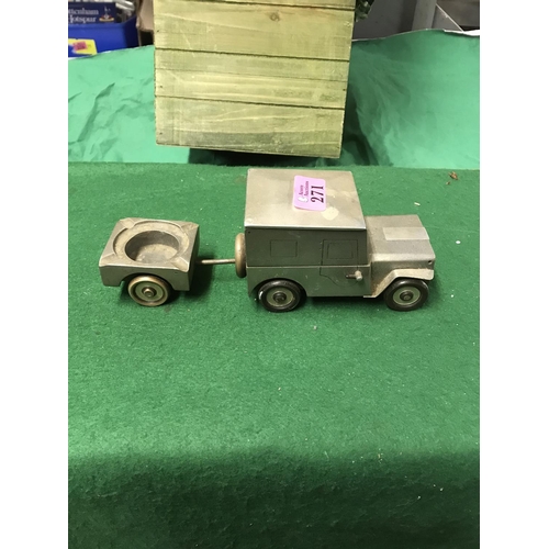 271 - LOVELY VINTAGE METAL CIGARETTE BOX IN THE FORM OF A LANDROVER WITH ASHTRAY AS THE TRAILER - OVERALL ... 