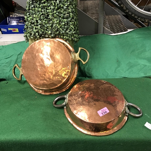 336 - 2 X COPPER DOUBLE HANDLED PANS