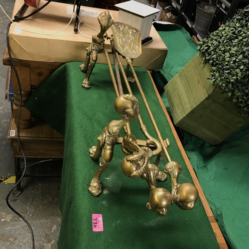 338 - PAIR OF GOOD QUALITY BRASS FIRE DOGS AND MATCHING FIRE TOOLS ALL WITH BALL & CLAW DETAIL - VERY HEAV... 