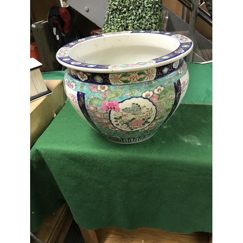 344 - LOVELY LARGE HEAVY ORIENTAL PLANTER - 28CMS X 37CMS DIAM - COLLECTION ONLY OR ARRANGE OWN COURIER