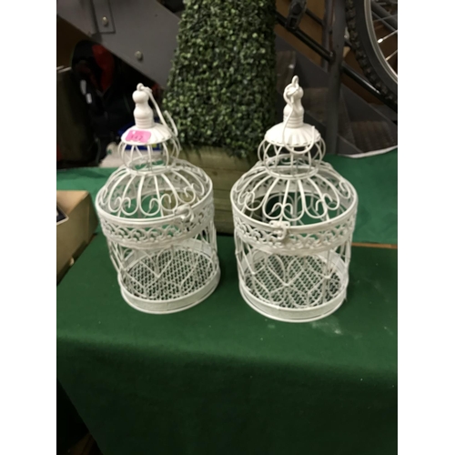 347 - PAIR OF DECORATIVE WHITE METAL BIRD CAGES - IDEAL FOR PLANTS - 40CMS H