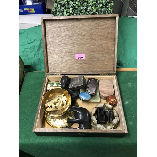 349 - WOODEN BOX WITH QTY OF INTERESTING ITEMS