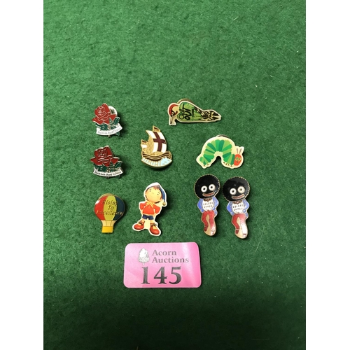 145 - 9 X ASSORTED BADGES INC ROBERTSONS JAM BADGES & NODDY ETC