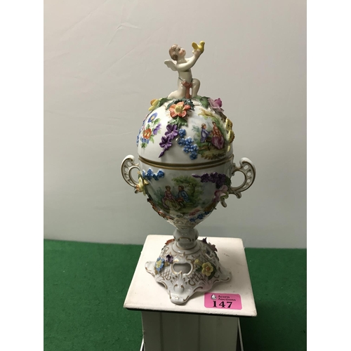 147 - VERY PRETTY DRESDEN LIDDED DECORATED POT - 26CMS H