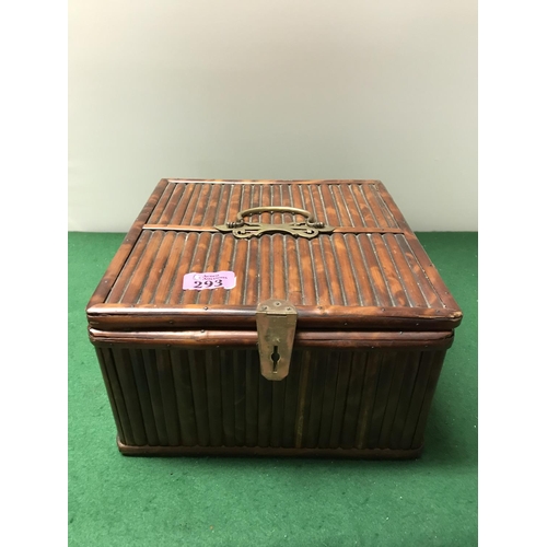 293 - EARLY SEWING BOX WITH BRASS FITTINGS - 26CMS X 26CMS X 15CMS