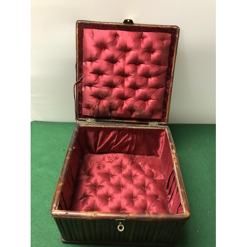 293 - EARLY SEWING BOX WITH BRASS FITTINGS - 26CMS X 26CMS X 15CMS