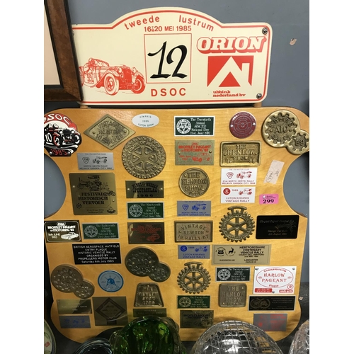 299 - WOODEN DISPLAY BOARD OF CAR RALLY SHOW BADGES / PLAQUES - 55CMS X 70CMS