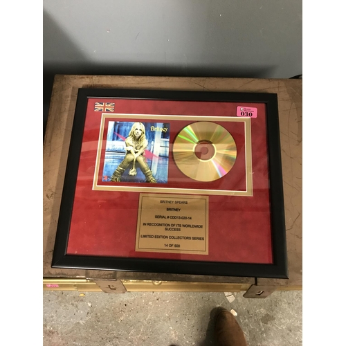 30 - FRAMED & GLAZED LTD EDITION BRITANY SPEARS MEMORABILIA - 14/500 WITH CERT - 40CMS X 32CMS