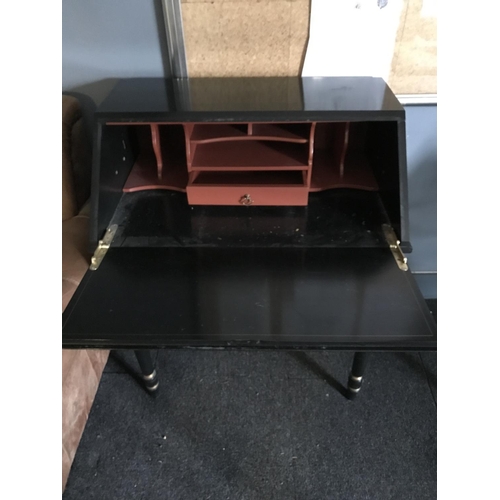 34 - DECORATIVE BLACK LACQUERED BUREAU WITH BRASS FITTINGS AND PAINTED DECORATION TO FRONT  - 73CMS W X 5... 