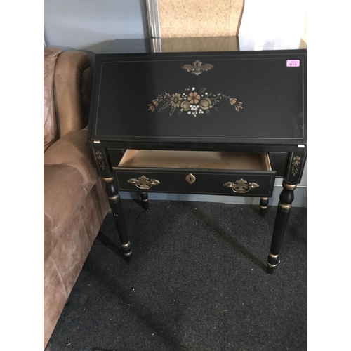 34 - DECORATIVE BLACK LACQUERED BUREAU WITH BRASS FITTINGS AND PAINTED DECORATION TO FRONT  - 73CMS W X 5... 