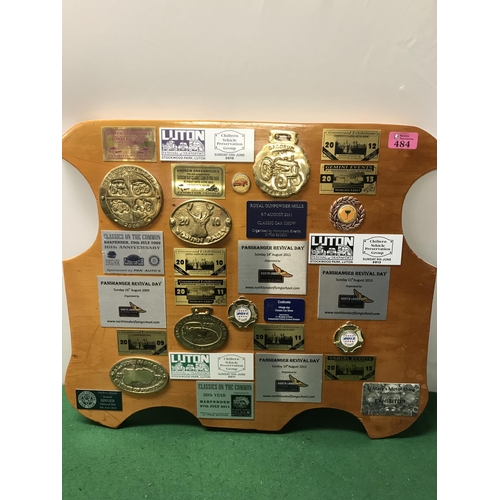 484 - DISPLAY BOARD OF CAR BADGES / PLAQUES - 56 CMS X 48CMS