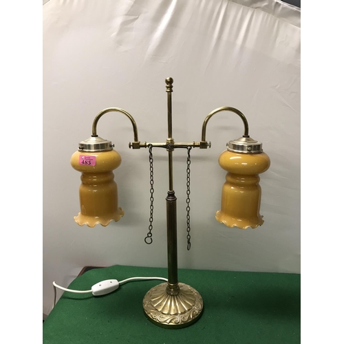 485 - LOVELY BRASS DESK LAMP WITH TWIN GLASS SHADES - SLIGHT A/F TO 1 SHADE - 60CMS H X 48CMS W - ELECTRIC... 