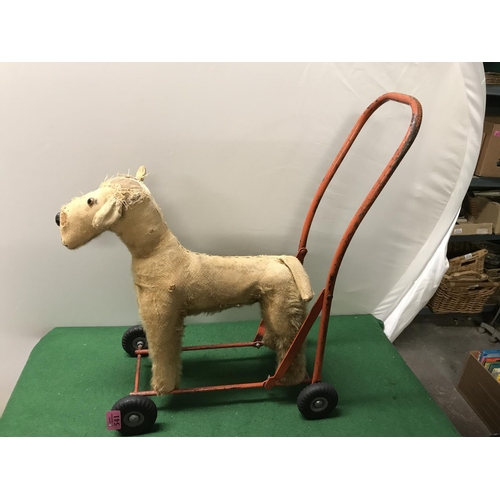 541 - LOVELY VINTAGE TRIANGE PUSH-A-LONG DOG ON WHEELS - SIGNS OF BEING WELL LOVED