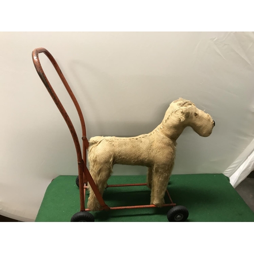 541 - LOVELY VINTAGE TRIANGE PUSH-A-LONG DOG ON WHEELS - SIGNS OF BEING WELL LOVED