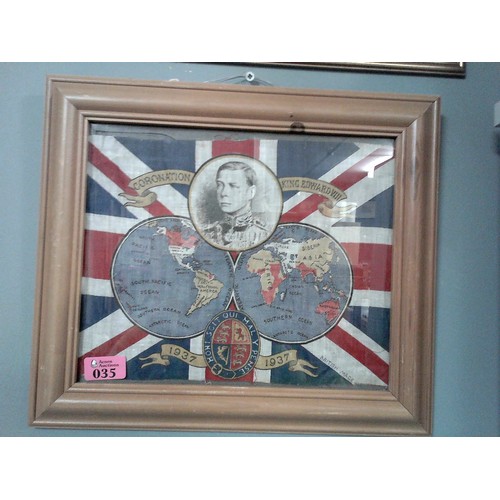 35 - FRAMED & GLAZED 1937 KING EDWARD V111 CORONATION FLAG - 38CMS X 35CMS