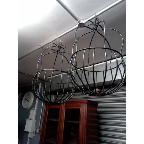 16 - PAIR OF BLACK METAL HANGING BASKETS - 70CMS H