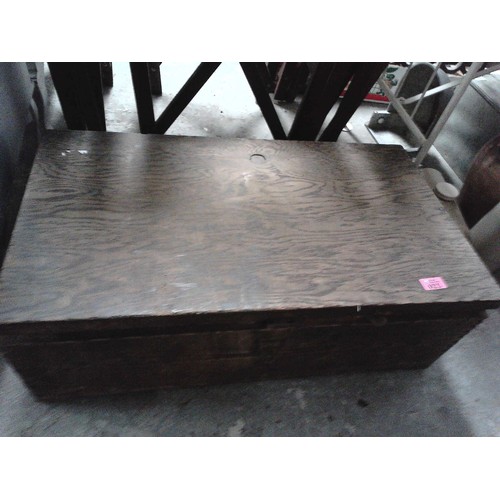 23 - EARLY LARGE WOODEN TOOL BOX WITH VINTAGE TOOLS