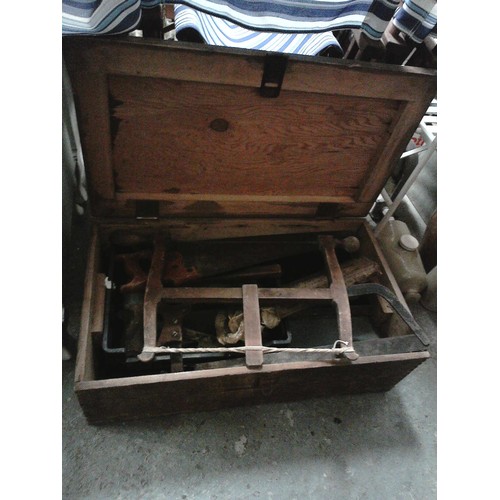 23 - EARLY LARGE WOODEN TOOL BOX WITH VINTAGE TOOLS