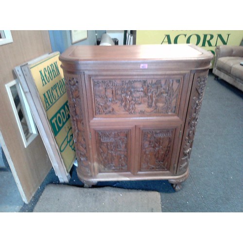 5 - LOVELY ORNATE CARVED HOME BAR WITH OPENING DOORS & MIRRORED SECTION AND SLIDING TRAY - 90CMS W X 105... 