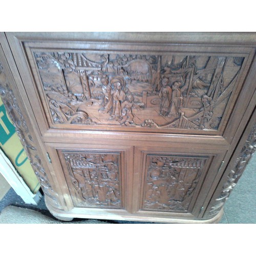 5 - LOVELY ORNATE CARVED HOME BAR WITH OPENING DOORS & MIRRORED SECTION AND SLIDING TRAY - 90CMS W X 105... 