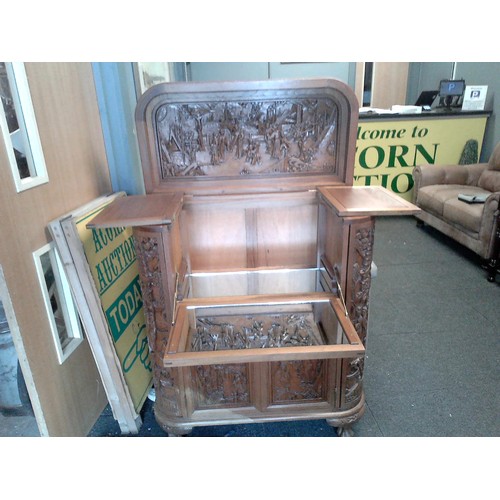 5 - LOVELY ORNATE CARVED HOME BAR WITH OPENING DOORS & MIRRORED SECTION AND SLIDING TRAY - 90CMS W X 105... 