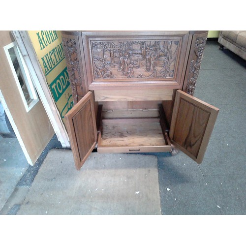 5 - LOVELY ORNATE CARVED HOME BAR WITH OPENING DOORS & MIRRORED SECTION AND SLIDING TRAY - 90CMS W X 105... 